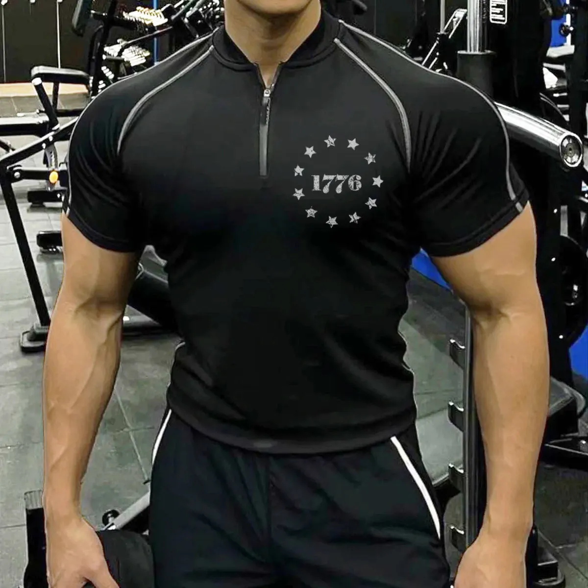 1776 ZIPPER MONK COLLAR RAGLAN GRAPHIC POLO SHIRT