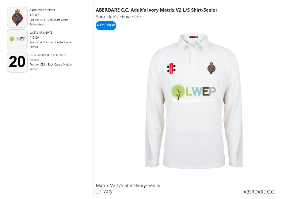 ABERDARE C.C. Adult's Ivory Matrix V2 L/S Shirt-Senior