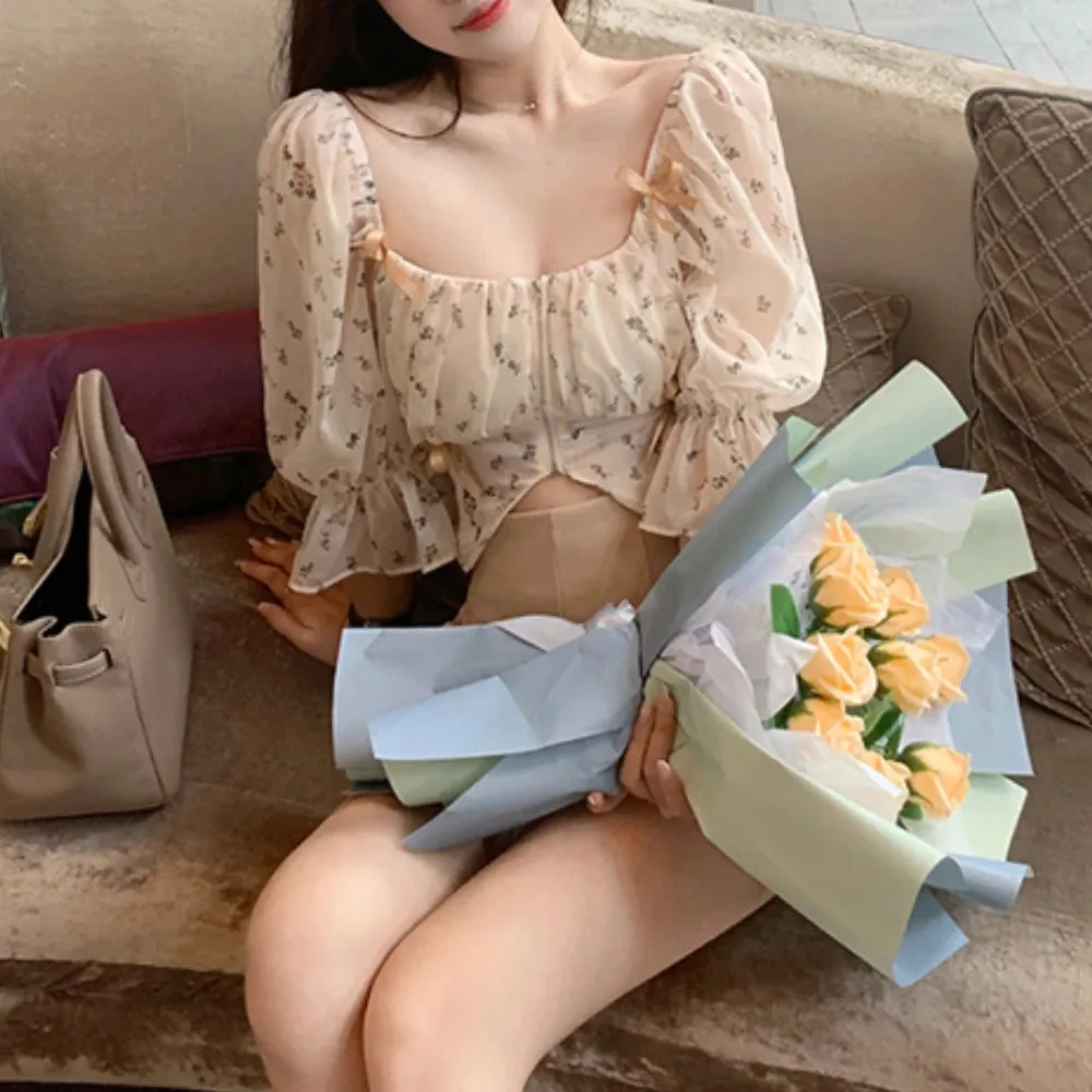 Aiertu Puff Sleeve Floral Chiffon Blouses Women Summer Short Korean Design Fairy Shirts Tops Casual Chic Evening Party Y2k Clothes