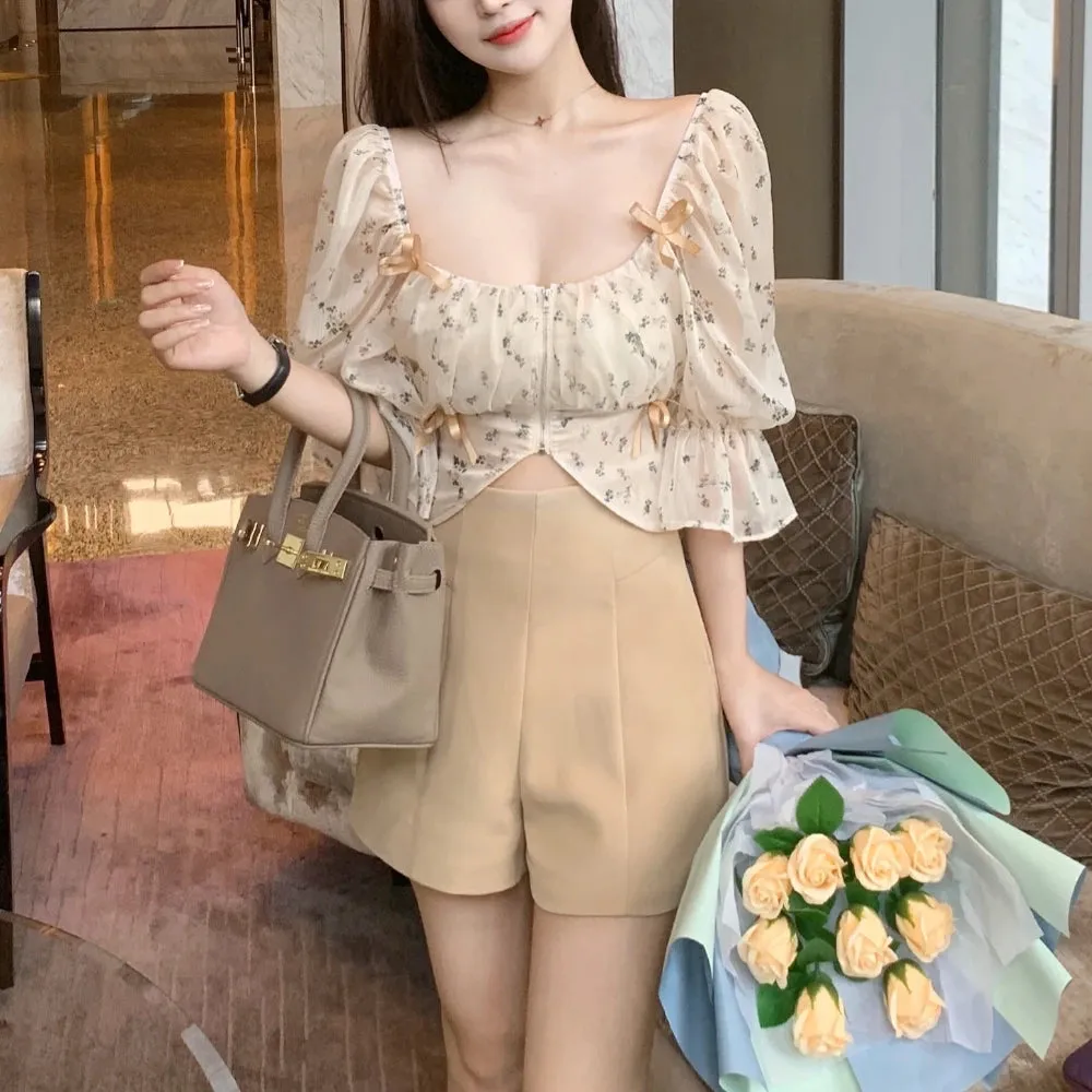 Aiertu Puff Sleeve Floral Chiffon Blouses Women Summer Short Korean Design Fairy Shirts Tops Casual Chic Evening Party Y2k Clothes