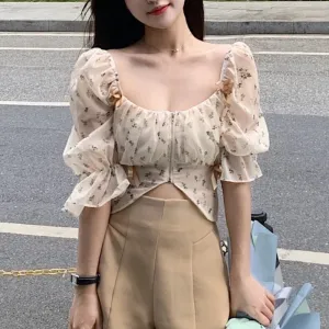 Aiertu Puff Sleeve Floral Chiffon Blouses Women Summer Short Korean Design Fairy Shirts Tops Casual Chic Evening Party Y2k Clothes