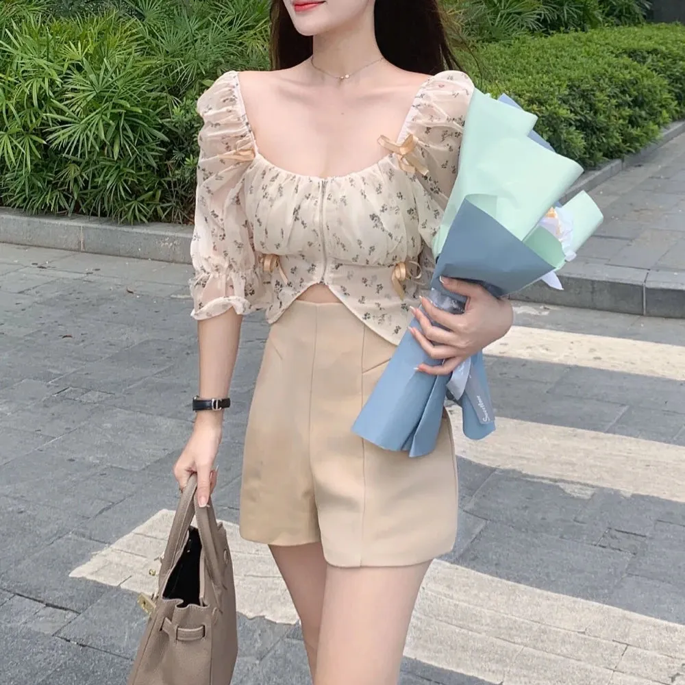 Aiertu Puff Sleeve Floral Chiffon Blouses Women Summer Short Korean Design Fairy Shirts Tops Casual Chic Evening Party Y2k Clothes