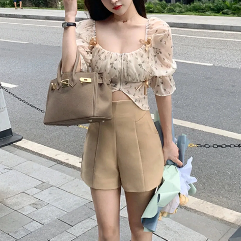 Aiertu Puff Sleeve Floral Chiffon Blouses Women Summer Short Korean Design Fairy Shirts Tops Casual Chic Evening Party Y2k Clothes