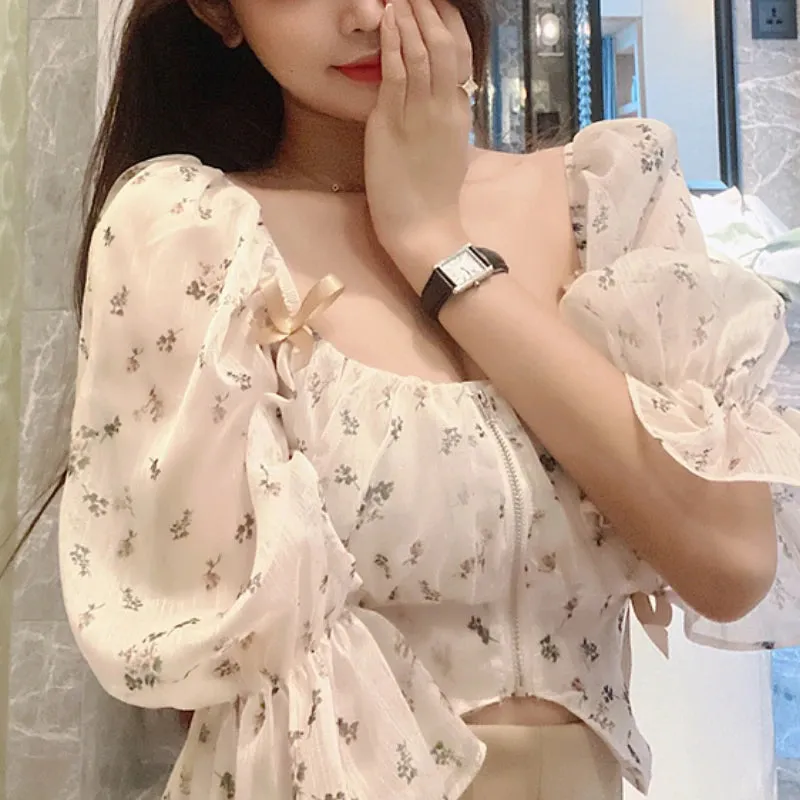 Aiertu Puff Sleeve Floral Chiffon Blouses Women Summer Short Korean Design Fairy Shirts Tops Casual Chic Evening Party Y2k Clothes