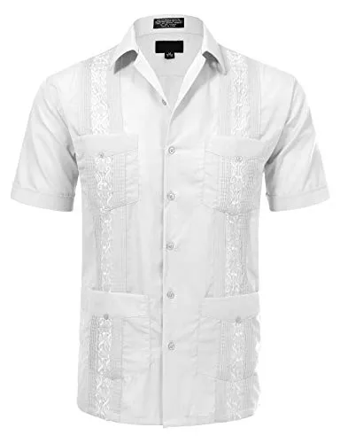Allsense Men's Short Sleeve Cuban Guayabera Shirts 15-15.5N M White