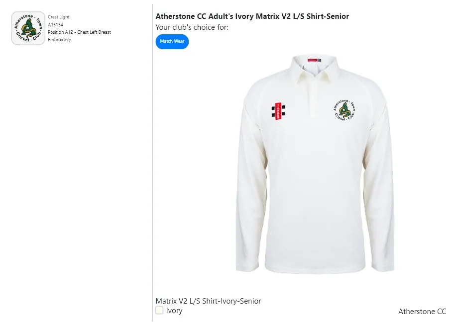 Atherstone CC Adult's Ivory Matrix V2 L/S Shirt-Senior