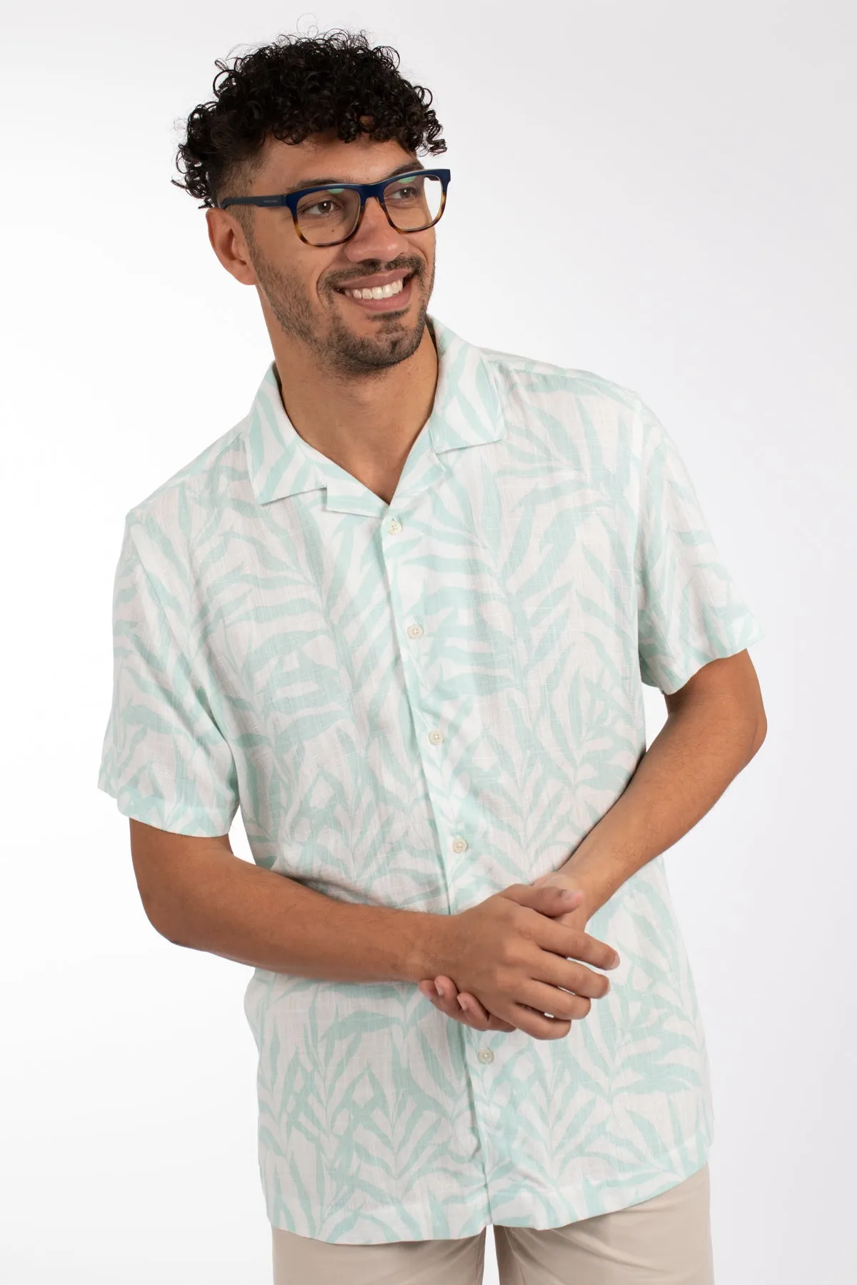 Blue Leaf Flow Cuban Collar Linen Shirt