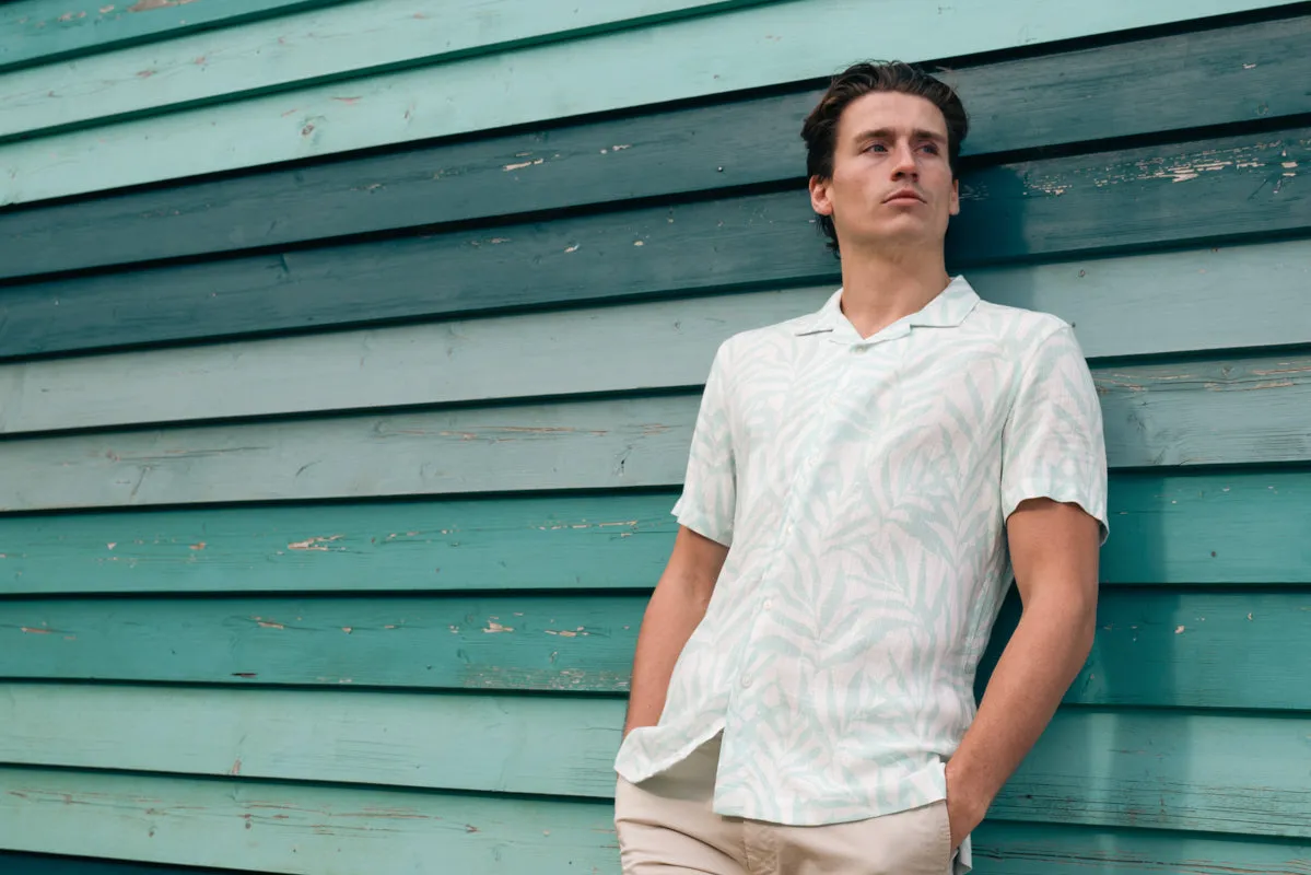 Blue Leaf Flow Cuban Collar Linen Shirt