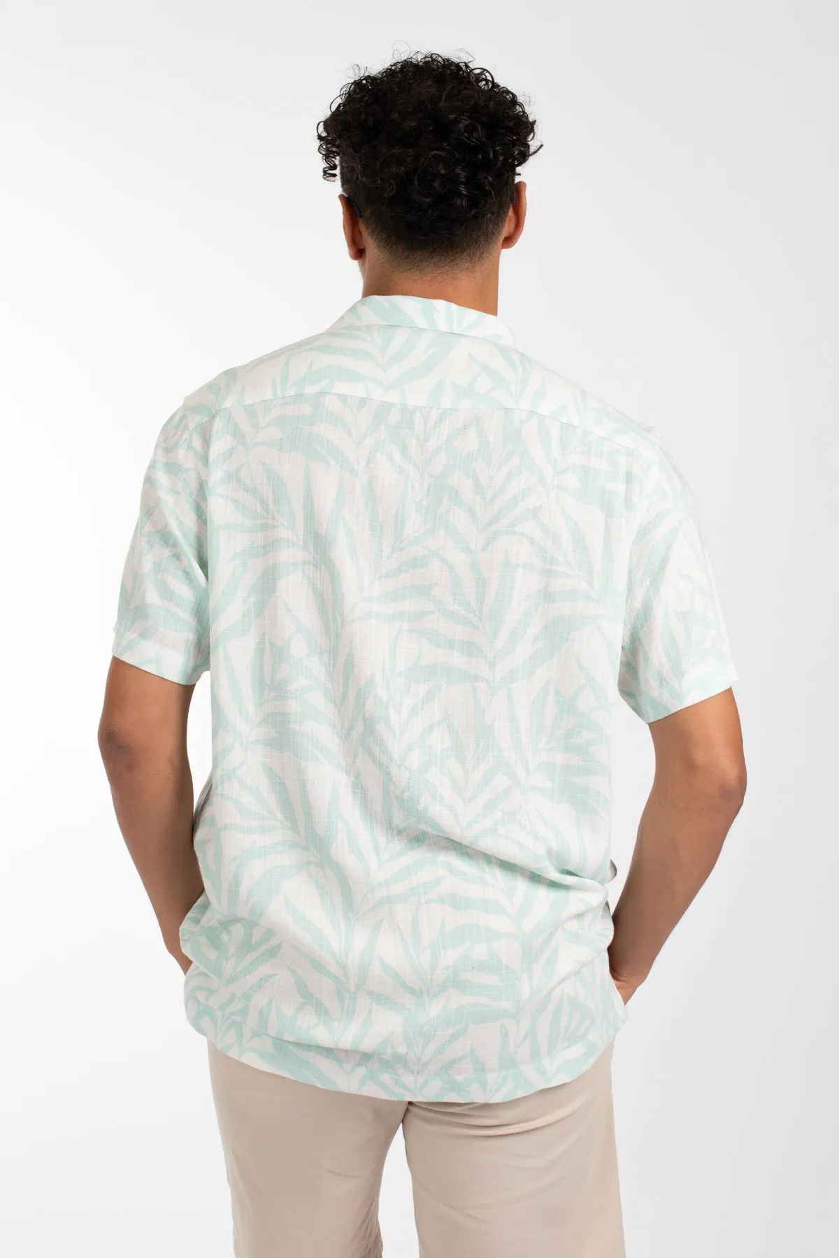 Blue Leaf Flow Cuban Collar Linen Shirt
