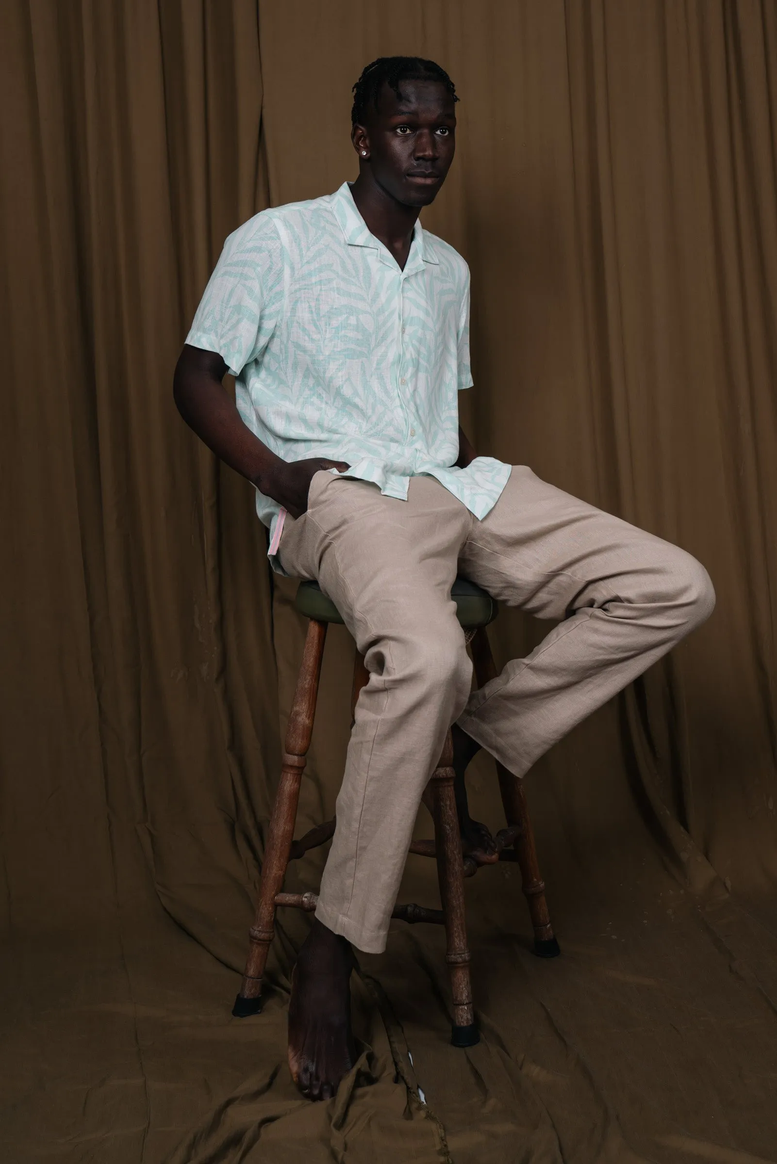 Blue Leaf Flow Cuban Collar Linen Shirt