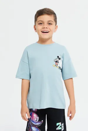 Boys Blue Mickey Front And Back Print Oversized T-Shirt