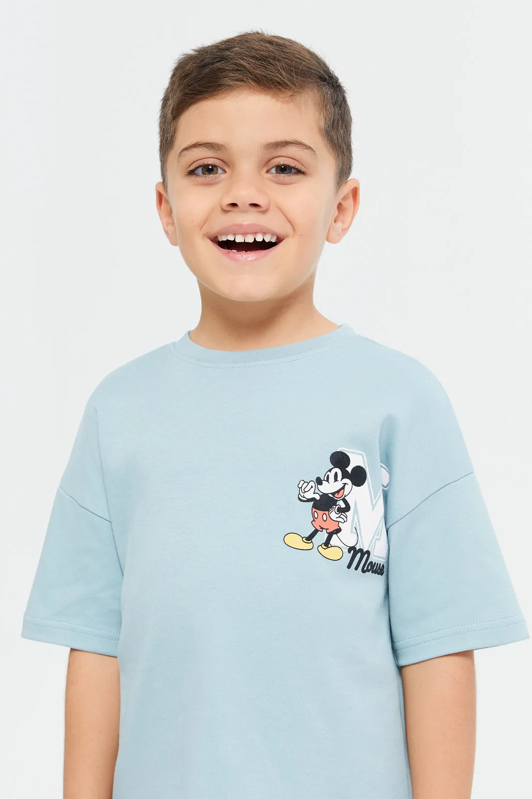 Boys Blue Mickey Front And Back Print Oversized T-Shirt