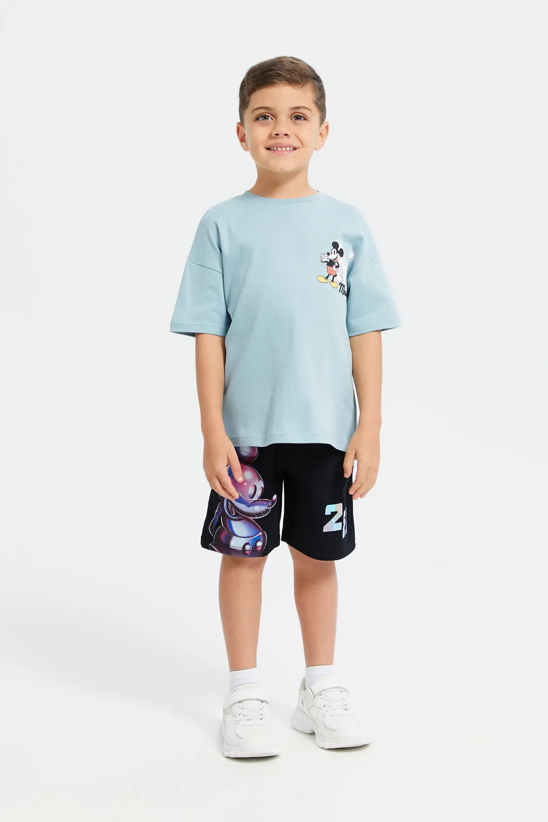 Boys Blue Mickey Front And Back Print Oversized T-Shirt
