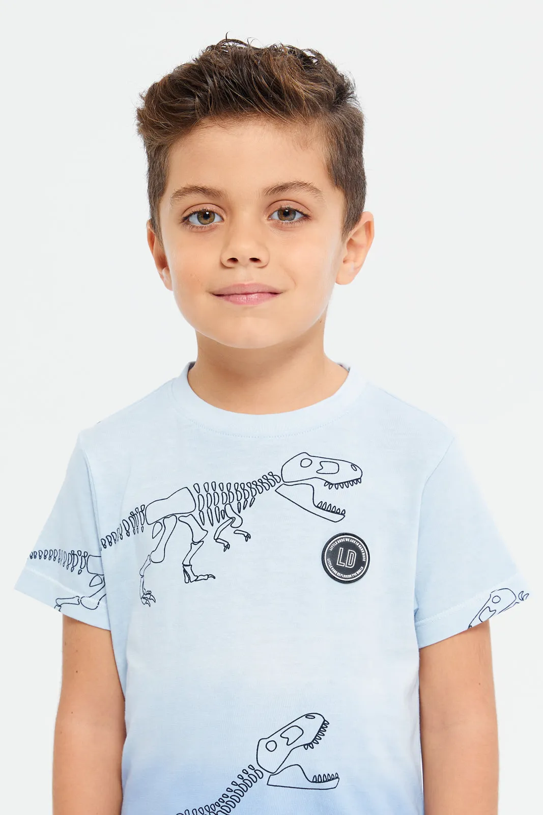 Boys Blue Tie Dye Dinosaur Printed T-Shirt