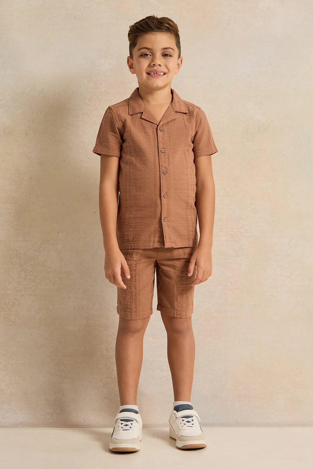 Boys Brown Set Short Sleeve Shirt With Shorts Set (2 Piece)