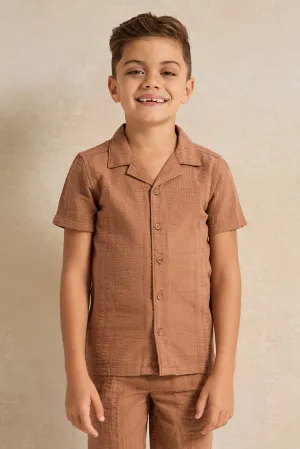 Boys Brown Set Short Sleeve Shirt With Shorts Set (2 Piece)