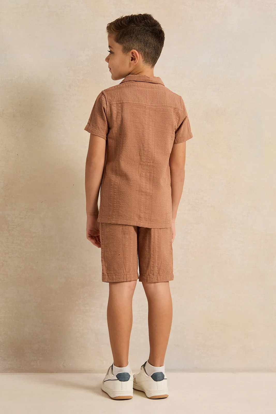 Boys Brown Set Short Sleeve Shirt With Shorts Set (2 Piece)