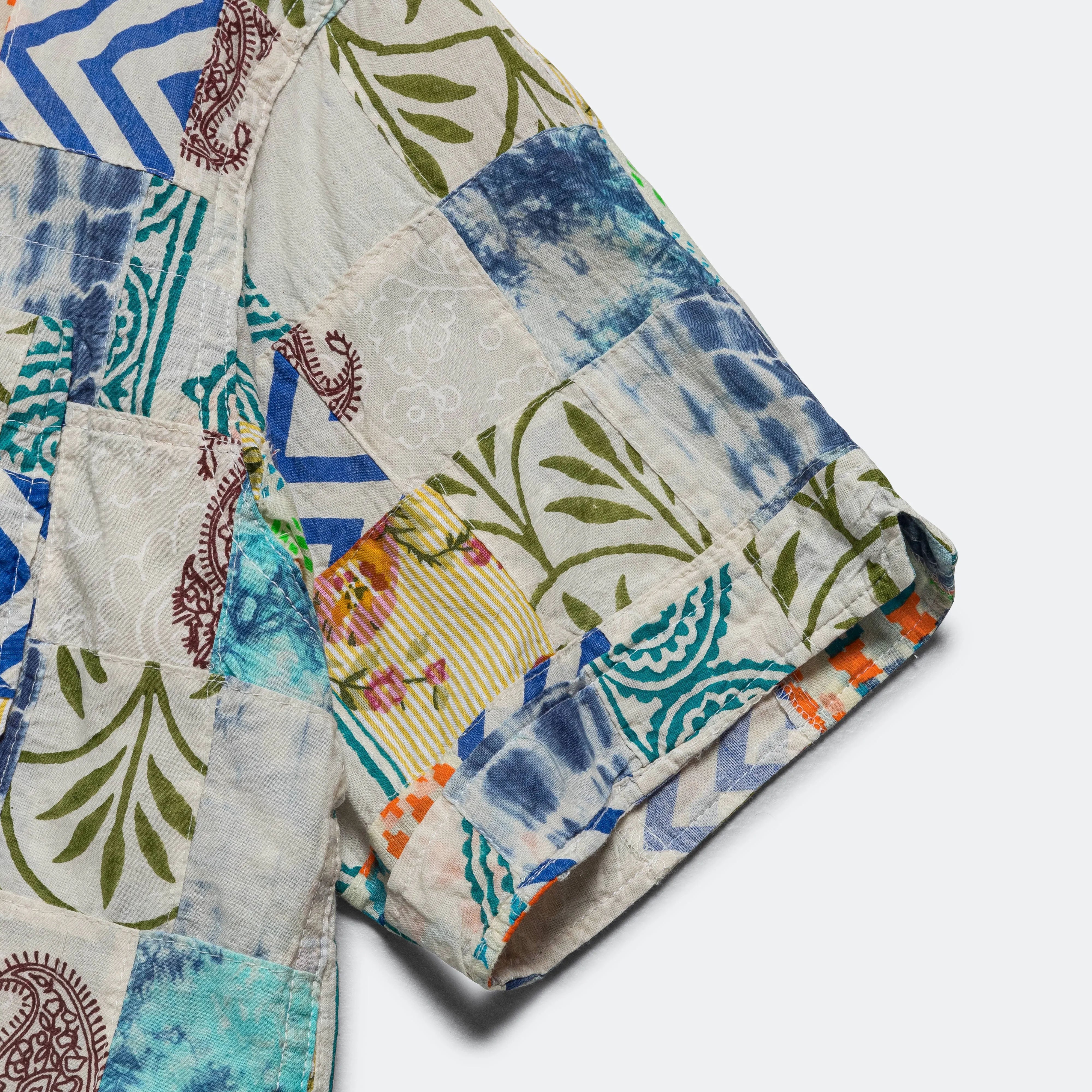 Camp Shirt - White/Blue Ethno Print Patchwork
