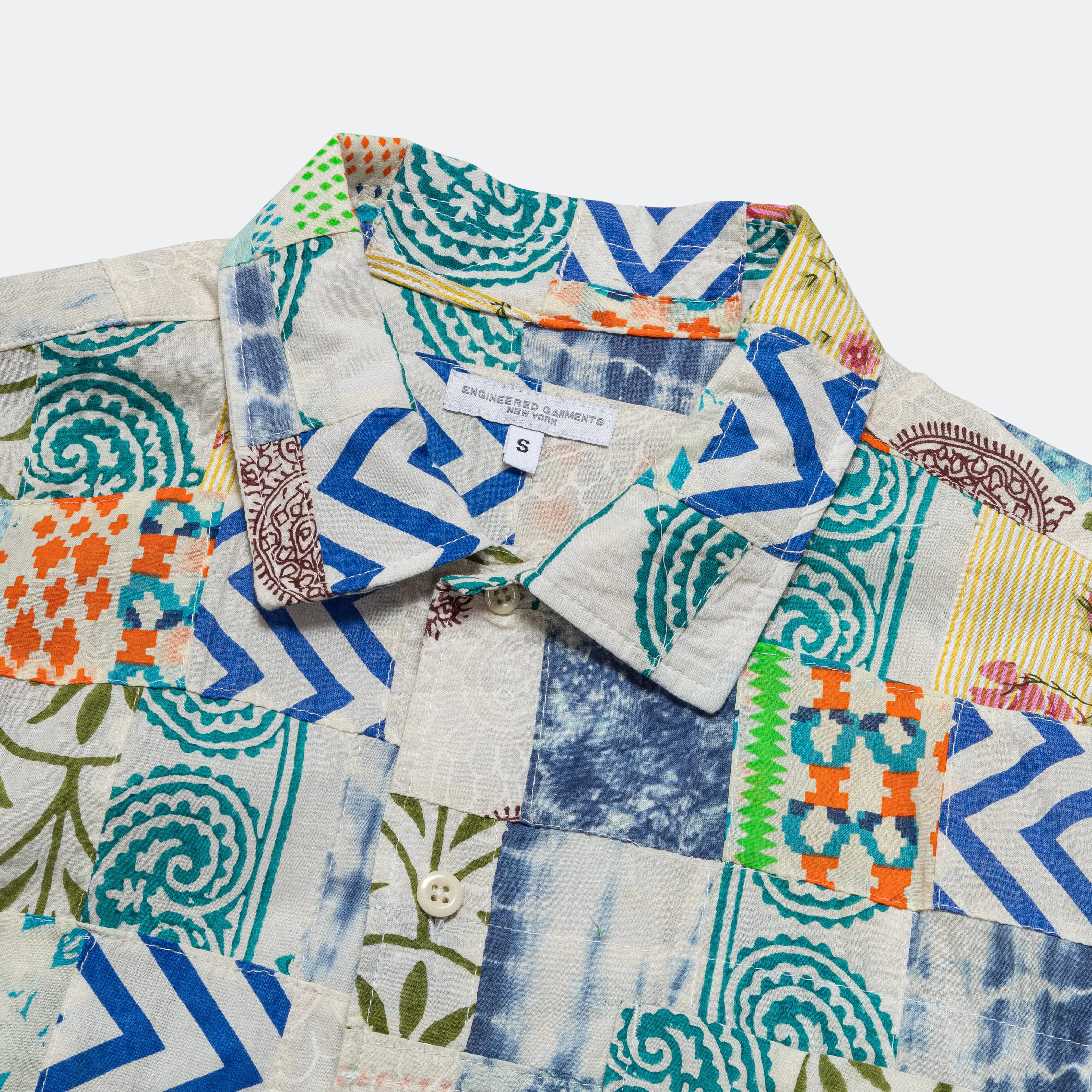 Camp Shirt - White/Blue Ethno Print Patchwork