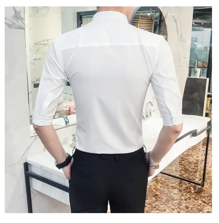 Chest Lace Details Men Slim Fit Short Sleeves Shirts