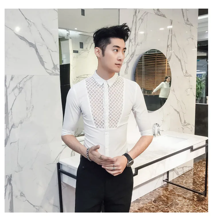 Chest Lace Details Men Slim Fit Short Sleeves Shirts