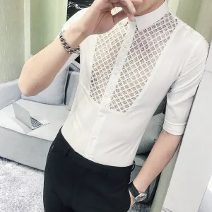 Chest Lace Details Men Slim Fit Short Sleeves Shirts