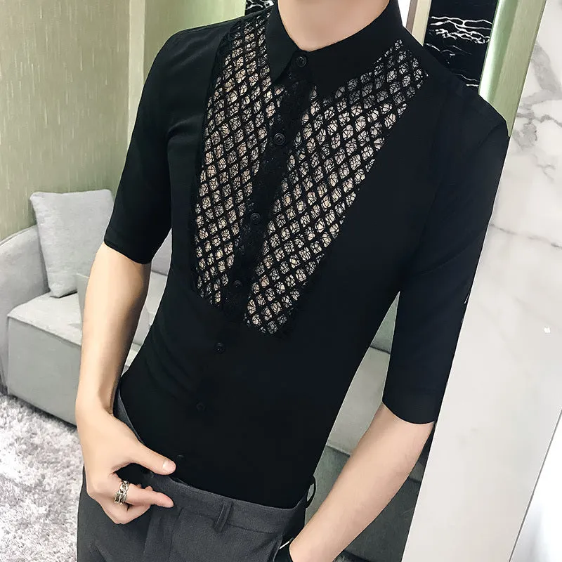 Chest Lace Details Men Slim Fit Short Sleeves Shirts