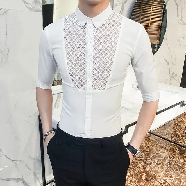 Chest Lace Details Men Slim Fit Short Sleeves Shirts