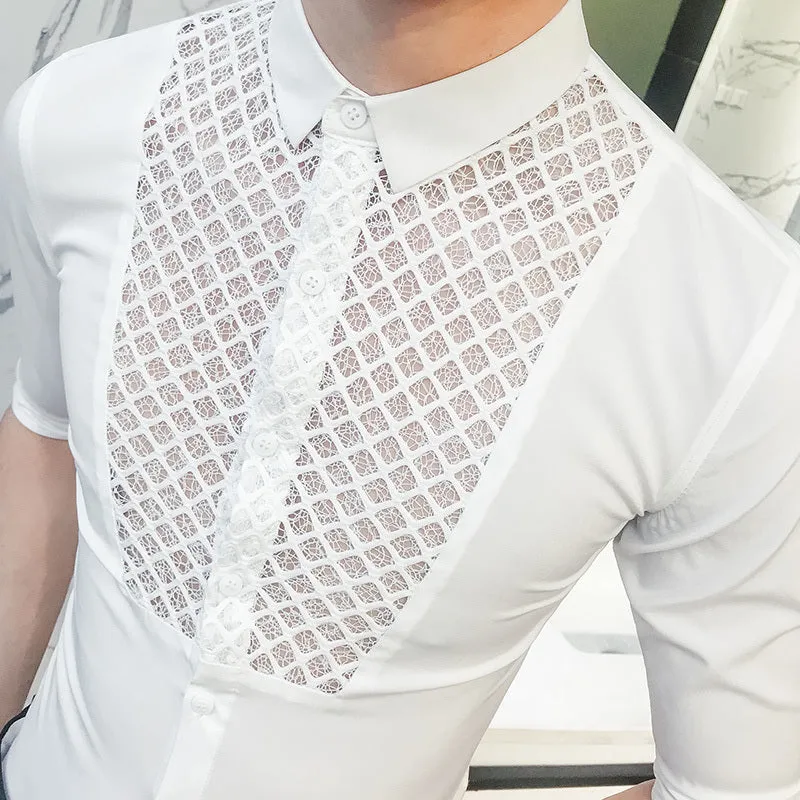 Chest Lace Details Men Slim Fit Short Sleeves Shirts