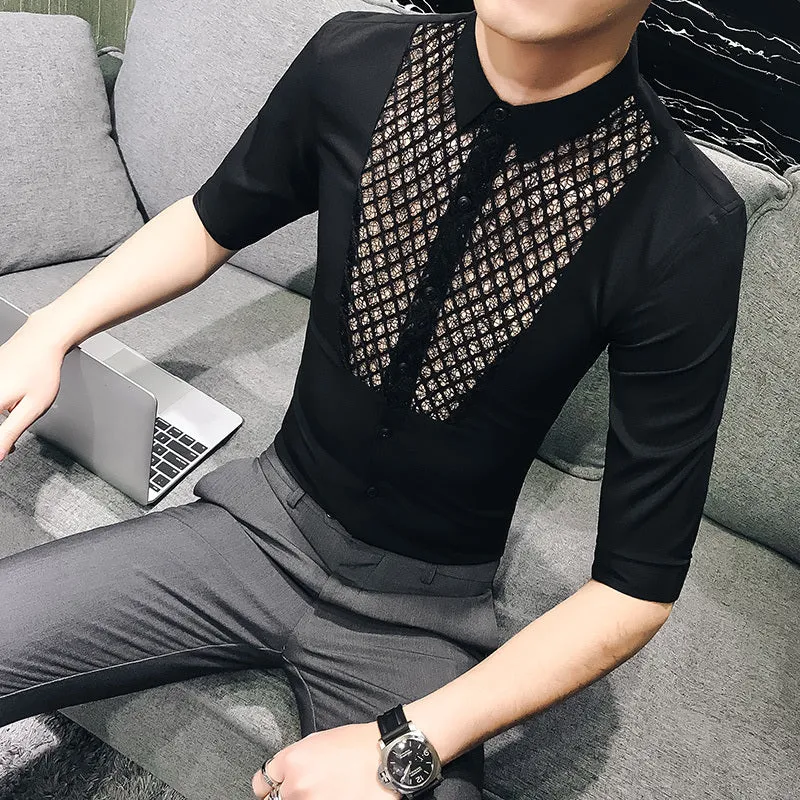 Chest Lace Details Men Slim Fit Short Sleeves Shirts