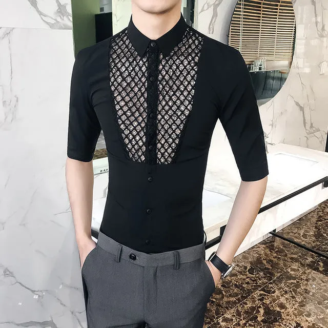 Chest Lace Details Men Slim Fit Short Sleeves Shirts