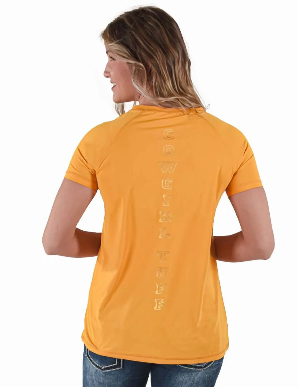 Cowgirl Tuff Womens Cooling UPF Raglan Baseball Gold Nylon S/S T-Shirt