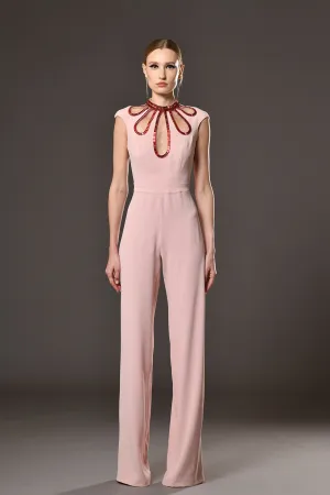 Crepe Straight-Cut Jumpsuit with Crystal Details