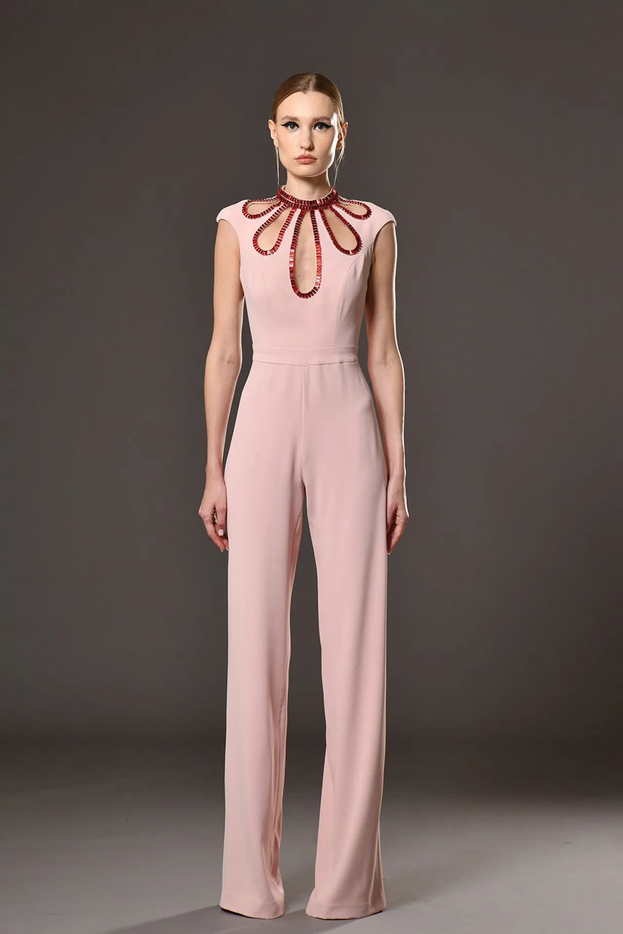 Crepe Straight-Cut Jumpsuit with Crystal Details