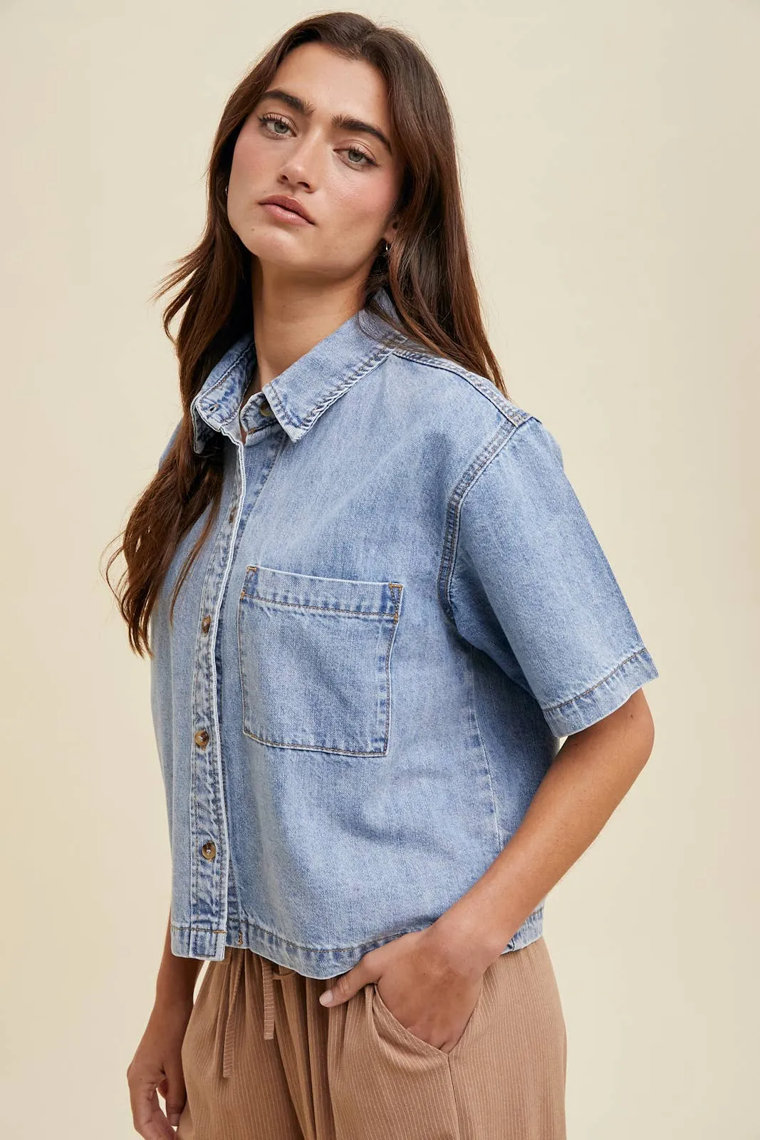 Denim Button-Up Shirt With Pocket