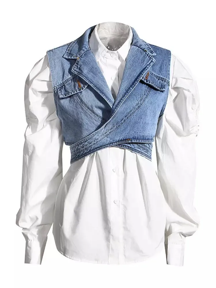 Denim Vest and White Cotton Shirt Two Pieces Single Breasted Top
