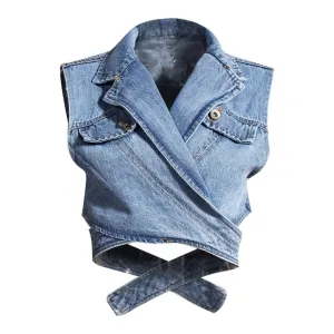 Denim Vest and White Cotton Shirt Two Pieces Single Breasted Top