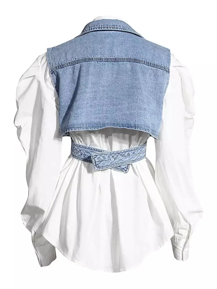 Denim Vest and White Cotton Shirt Two Pieces Single Breasted Top