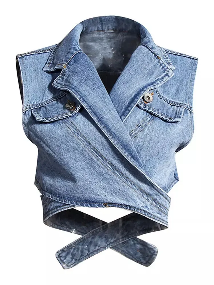 Denim Vest and White Cotton Shirt Two Pieces Single Breasted Top