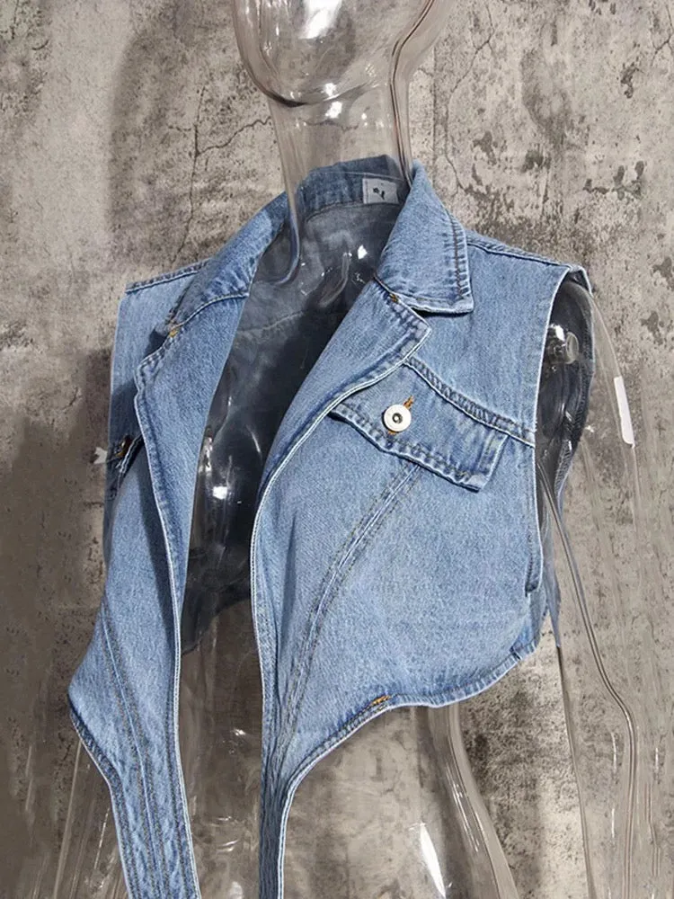 Denim Vest and White Cotton Shirt Two Pieces Single Breasted Top