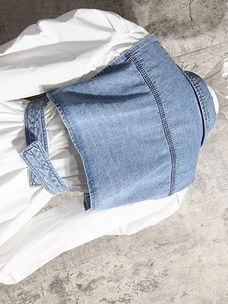 Denim Vest and White Cotton Shirt Two Pieces Single Breasted Top