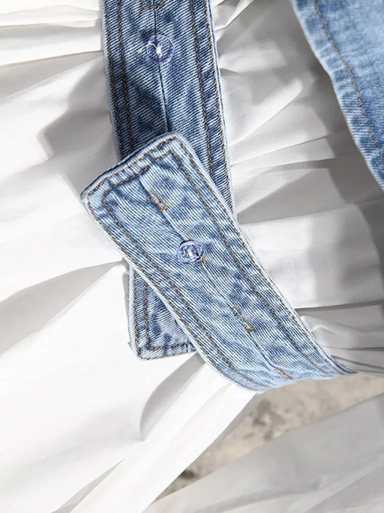 Denim Vest and White Cotton Shirt Two Pieces Single Breasted Top