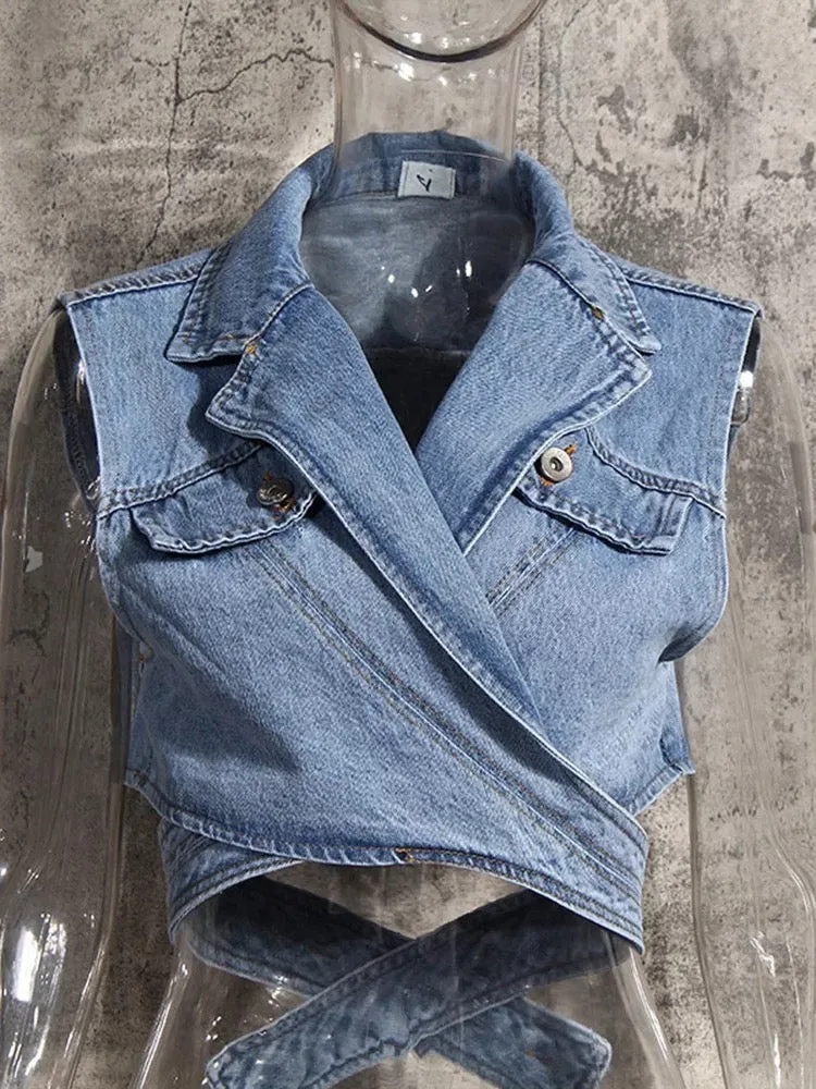 Denim Vest and White Cotton Shirt Two Pieces Single Breasted Top