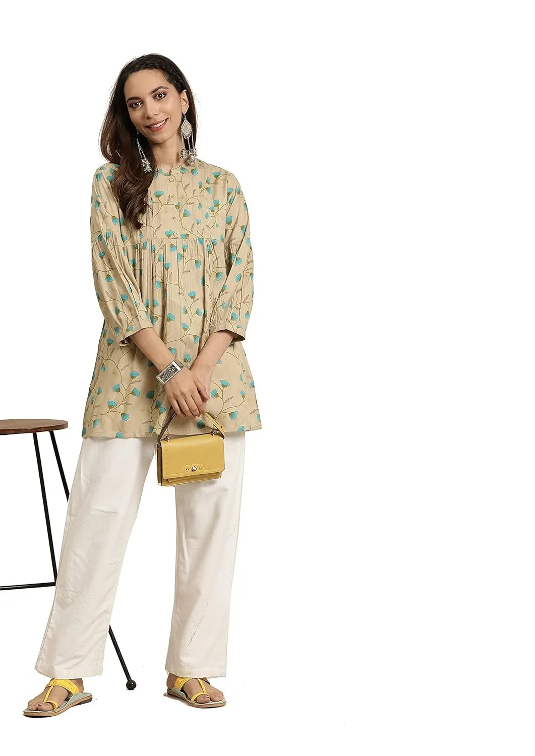 Elegant Women's Rayon Floral Printed Short Kurta - Waist Length, Mandarin Neck