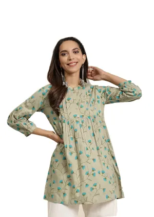 Elegant Women's Rayon Floral Printed Short Kurta - Waist Length, Mandarin Neck