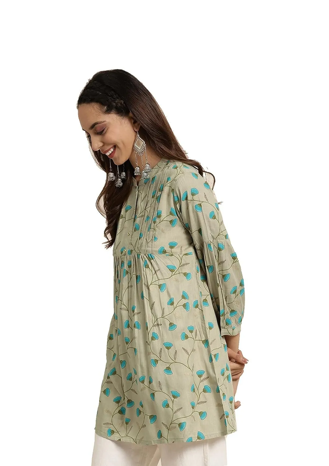 Elegant Women's Rayon Floral Printed Short Kurta - Waist Length, Mandarin Neck