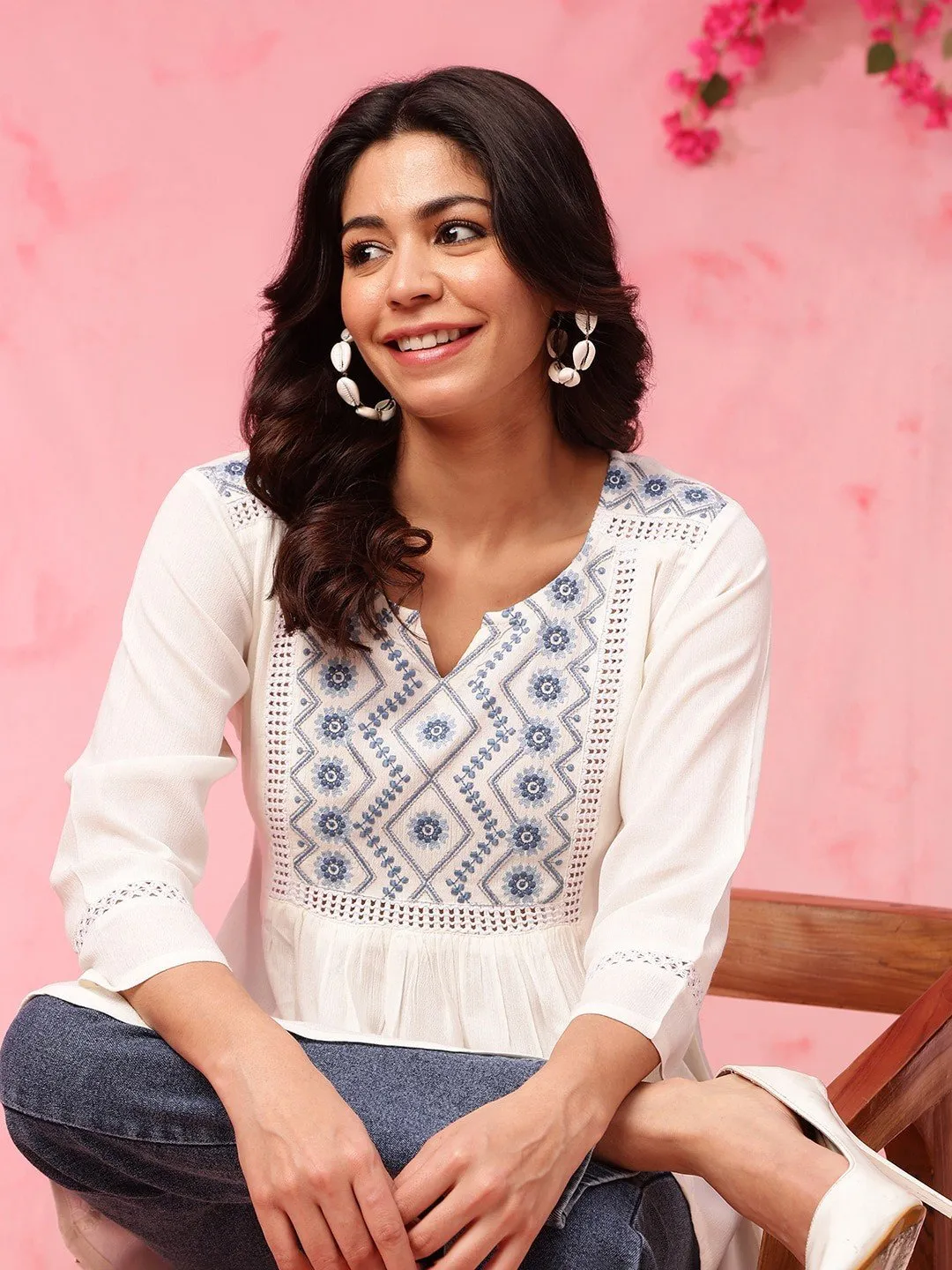 Ethnic Motifs Yoke Design Thread Work A-Line Short Kurti - Off White &amp; Blue