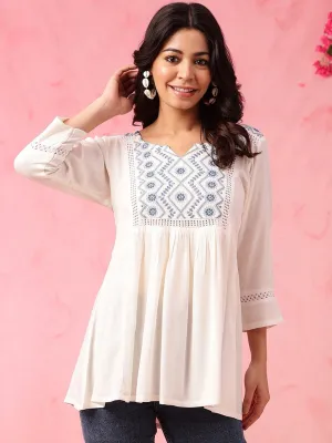 Ethnic Motifs Yoke Design Thread Work A-Line Short Kurti - Off White &amp; Blue