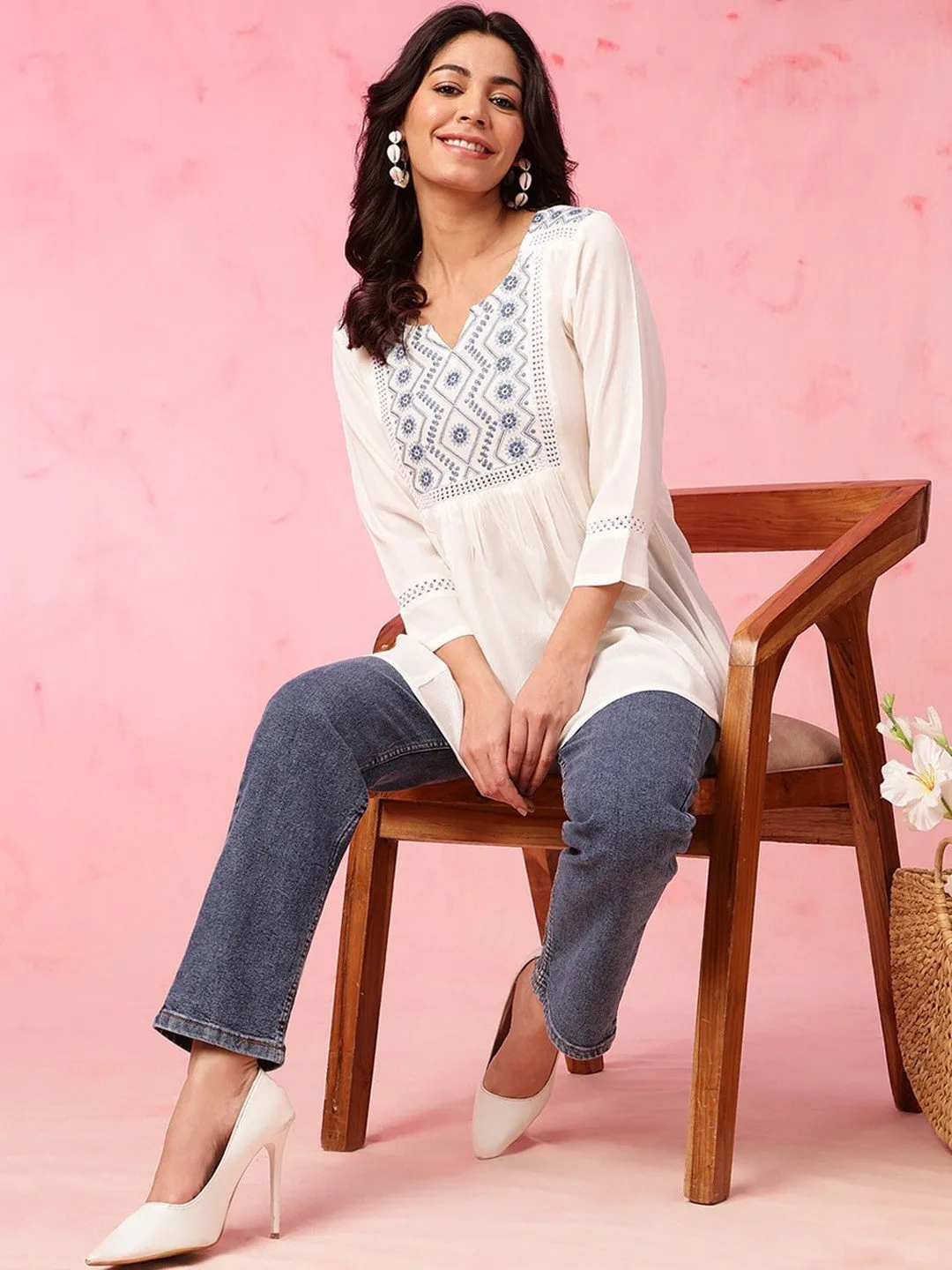 Ethnic Motifs Yoke Design Thread Work A-Line Short Kurti - Off White &amp; Blue
