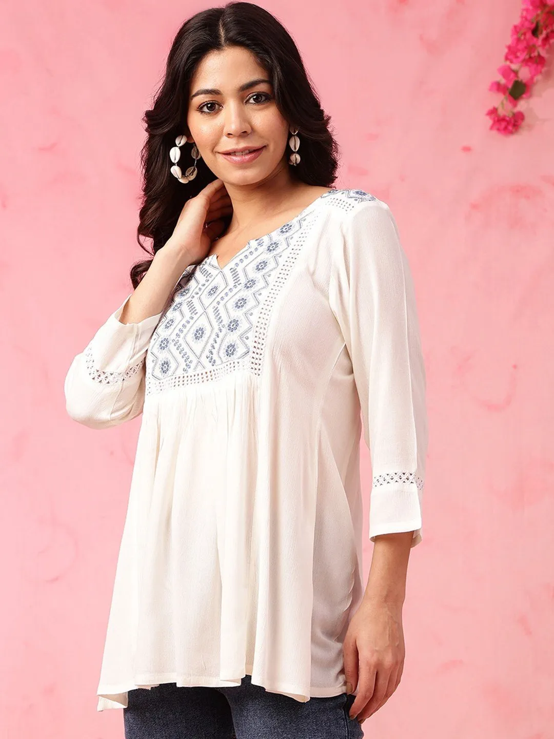 Ethnic Motifs Yoke Design Thread Work A-Line Short Kurti - Off White &amp; Blue